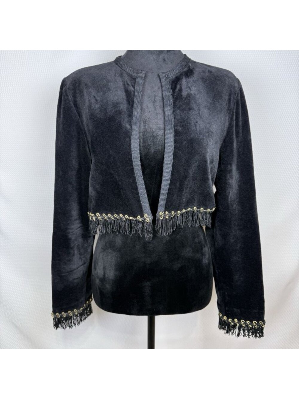 Vintage Mixables Black Velvet Cropped Bolero Jacket Embellished Fringe Trim M